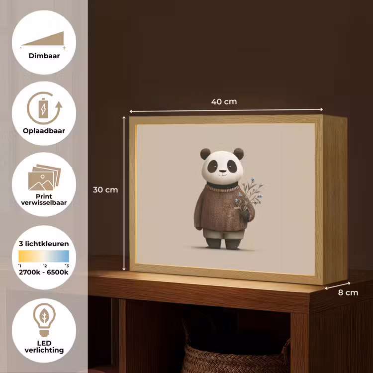 Panda - Blauwe bloemen - Zachtheid Light Box met batterij (Wandlamp kind) middel -USP_websiteoverzichtNL