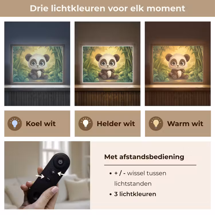 Panda - Cartoon - Bamboebos - Zwart Light Box met batterij (Wandlamp kind) middel -USP_lichtkleurNL