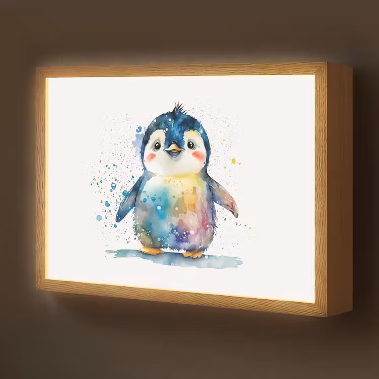 Pinguïn - Regenboog - Waterverf - Dieren - Kinderen Light Box met batterij (Wandlamp kind) middel -z3d_website