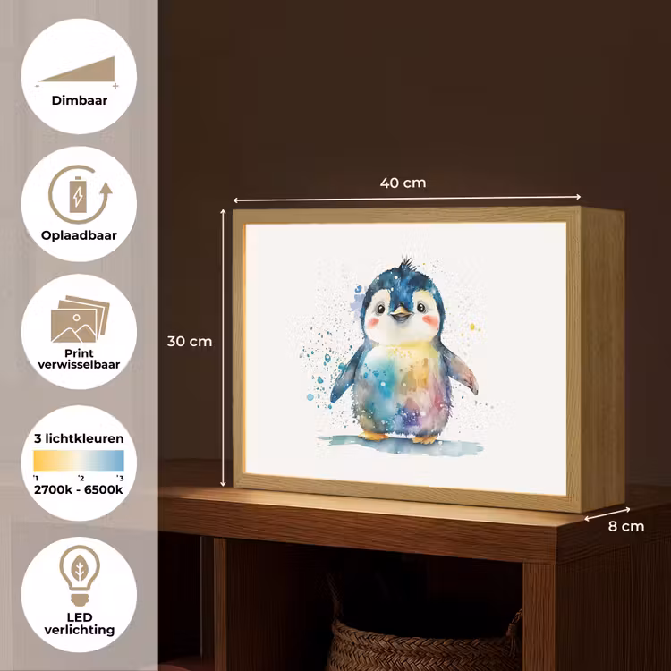 Pinguïn - Regenboog - Waterverf - Dieren - Kinderen Light Box met batterij (Wandlamp kind) middel -USP_websiteoverzichtNL