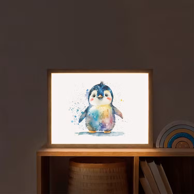 Pinguïn - Regenboog - Waterverf - Dieren - Kinderen Light Box met batterij (Wandlamp kind) middel -sfeer1_kind