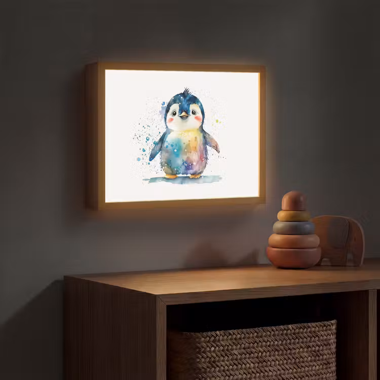 Pinguïn - Regenboog - Waterverf - Dieren - Kinderen Light Box met batterij (Wandlamp kind) middel -sfeer5_kind