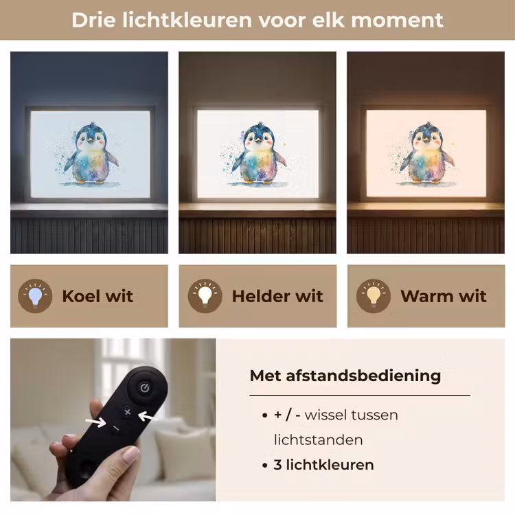 Pinguïn - Regenboog - Waterverf - Dieren - Kinderen Light Box met batterij (Wandlamp kind) middel -USP_lichtkleurNL
