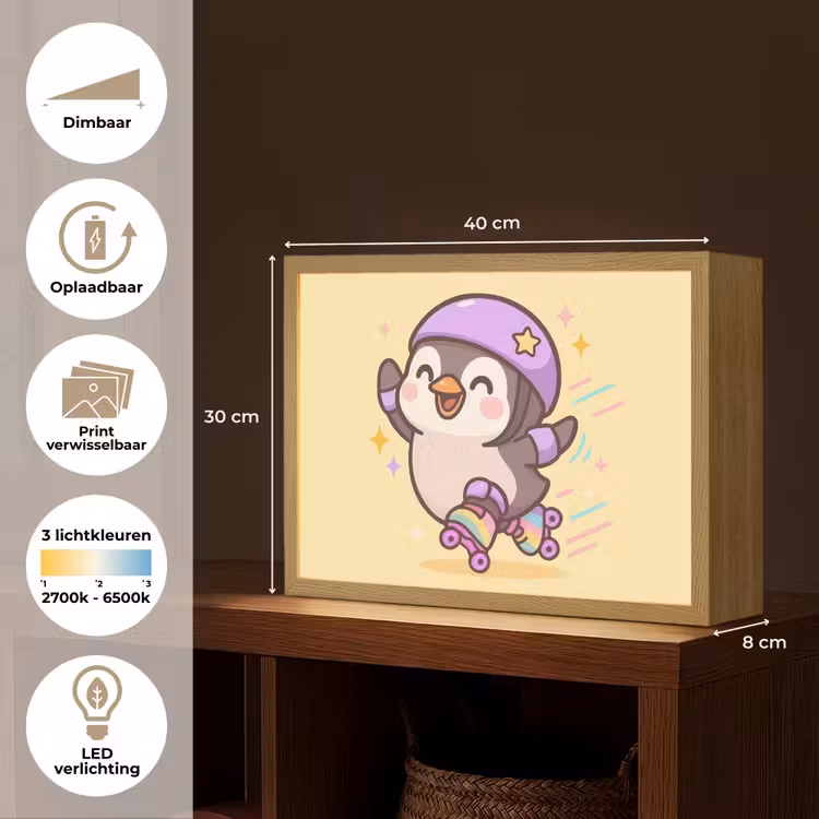 Pinguïn - Rolschaatsen - Geel - Energiek Light Box met batterij (Wandlamp kind) middel -USP_websiteoverzichtNL