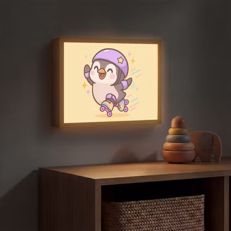 Pinguïn - Rolschaatsen - Geel - Energiek Light Box met batterij (Wandlamp kind) middel -sfeer5_kind
