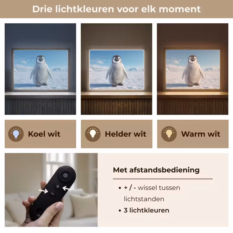 Pinguïn - Sneeuw - Landschap - Wit Light Box met batterij (Wandlamp kind) middel -USP_lichtkleurNL