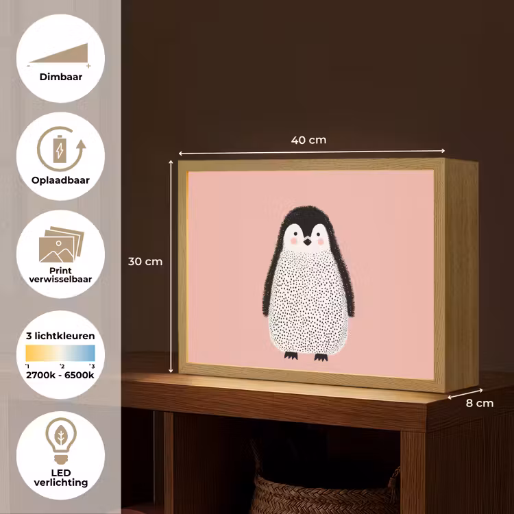 Pinguïn - Stippen - Minimalistisch - Roze Light Box met batterij (Wandlamp kind) middel -USP_websiteoverzichtNL