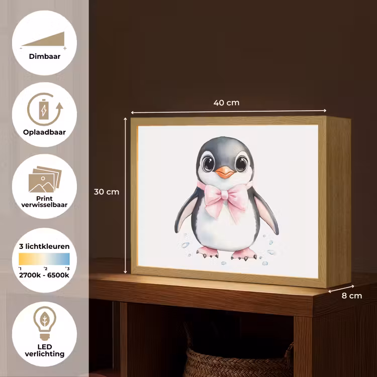 Pinguïn - Strikje - Roze - Dier Light Box met batterij (Wandlamp kind) middel -USP_websiteoverzichtNL