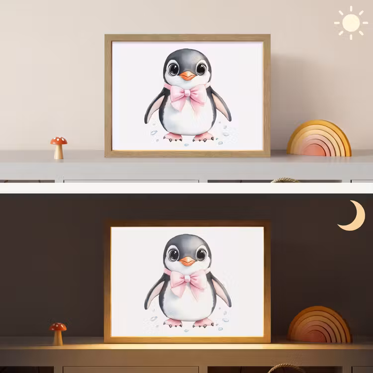 Pinguïn - Strikje - Roze - Dier Light Box met batterij (Wandlamp kind) middel -sfeer3_kind