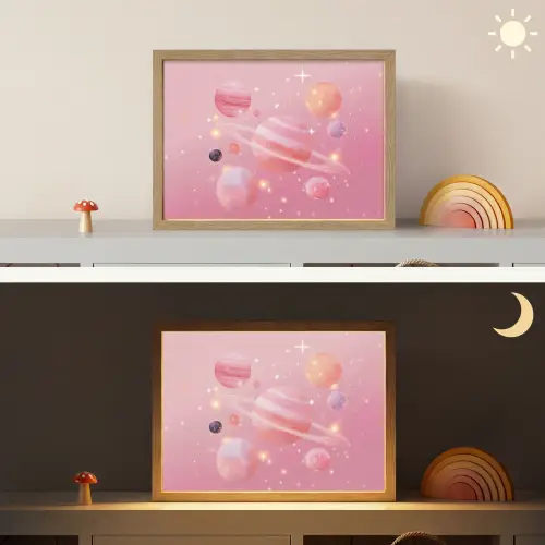 Planeten - Roze - Sterren Light Box met batterij (Wandlamp kind) middel -sfeer3_kind