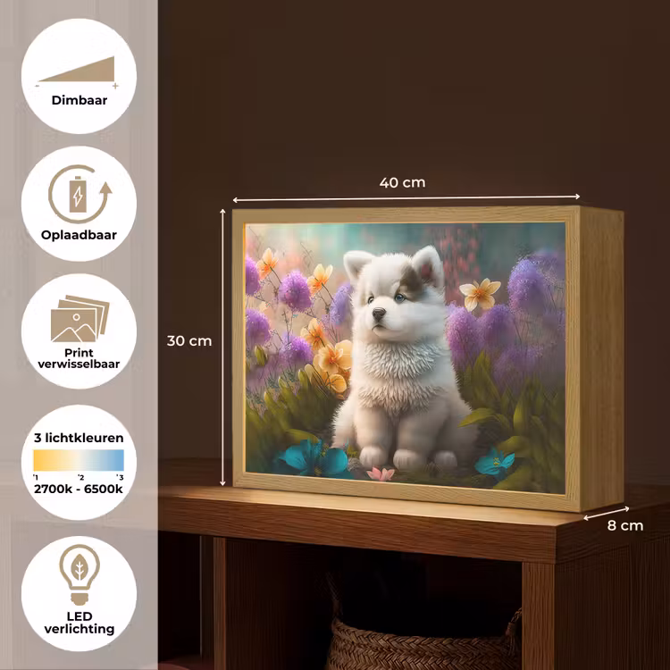 Puppy - Bloemen - Planten - Natuur - Husky Light Box met batterij (Wandlamp kind) middel -USP_websiteoverzichtNL