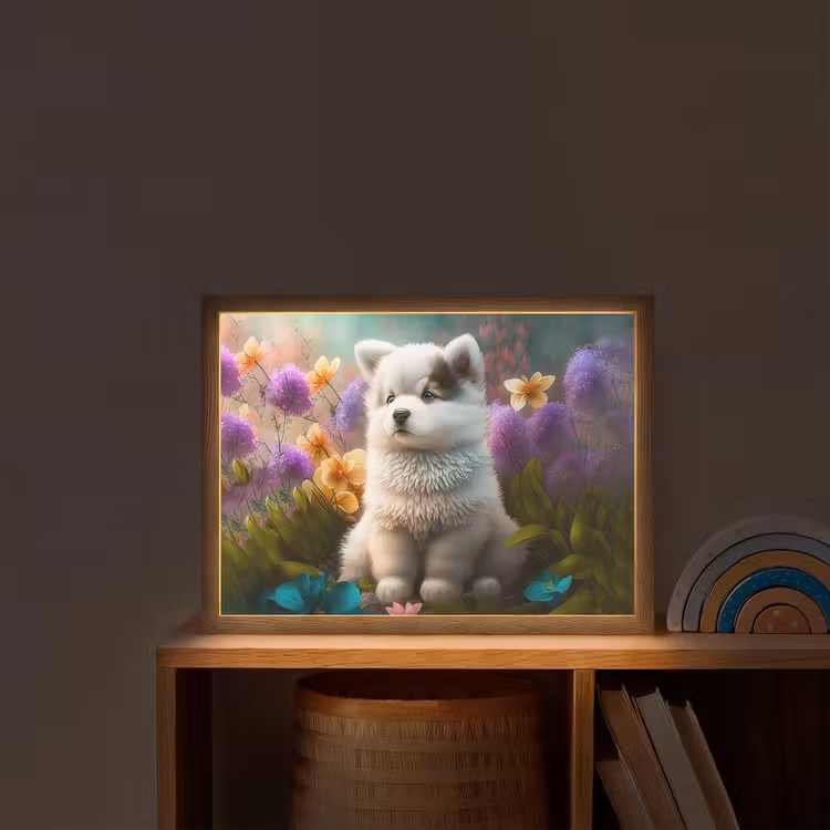 Puppy - Bloemen - Planten - Natuur - Husky Light Box met batterij (Wandlamp kind) middel -sfeer1_kind