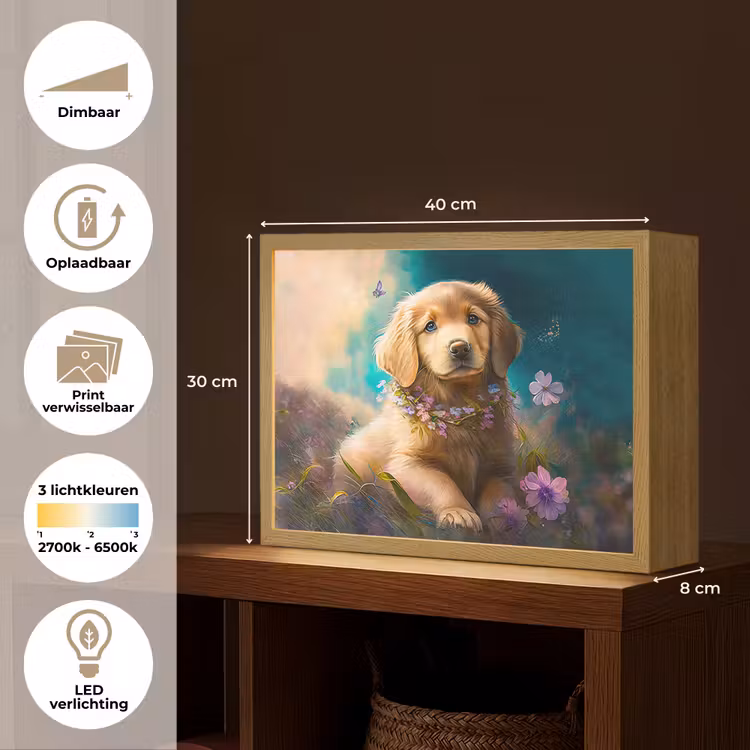 Puppy - Bloemenkrans - Vlinder - Hond - Golden retriever Light Box met batterij (Wandlamp kind) middel -USP_websiteoverzichtNL