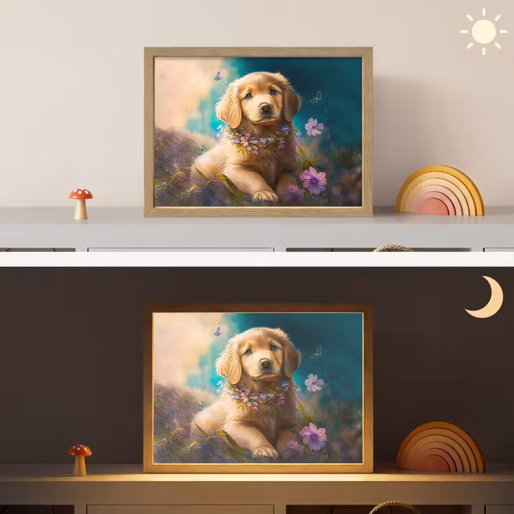 Puppy - Bloemenkrans - Vlinder - Hond - Golden retriever Light Box met batterij (Wandlamp kind) middel -sfeer3_kind
