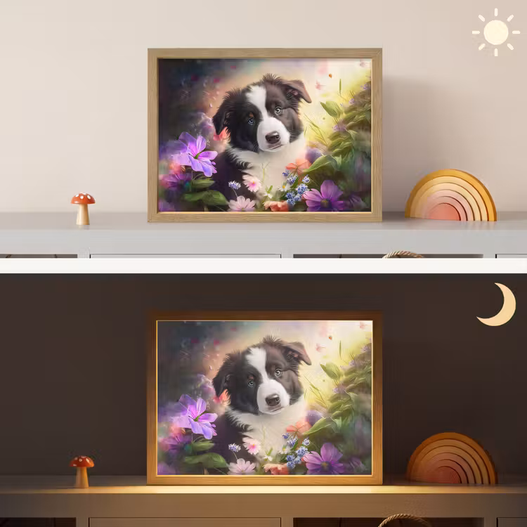 Puppy - Zon - Bloemen - Natuur - Bordercollie - Hond Light Box met batterij (Wandlamp kind) middel -sfeer3_kind
