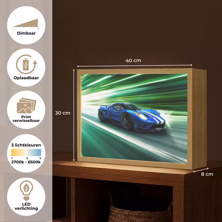 Race auto - Blauw - Groen Light Box met batterij (Wandlamp kind) middel -USP_websiteoverzichtNL