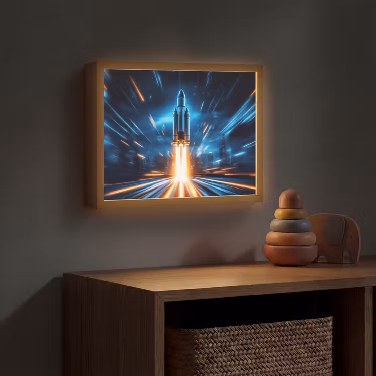 Raket - Ruimte - Blauw - Licht Light Box met batterij (Wandlamp kind) middel -sfeer5_kind