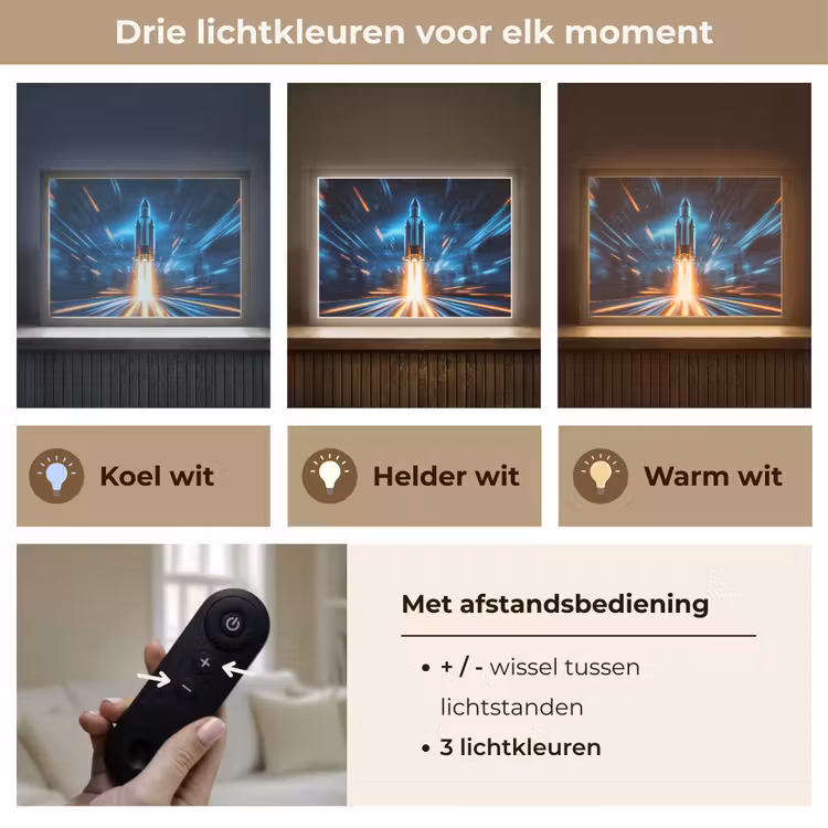 Raket - Ruimte - Blauw - Licht Light Box met batterij (Wandlamp kind) middel -USP_lichtkleurNL