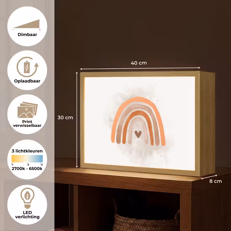Regenboog - Roze - Pastel kleuren - Hartje Light Box met batterij (Wandlamp kind) middel -USP_websiteoverzichtNL