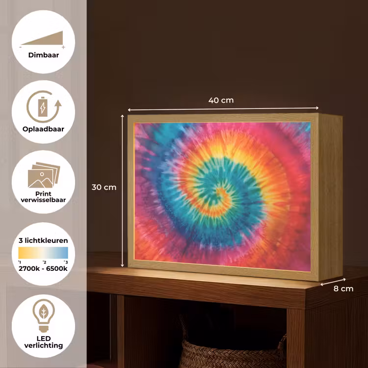 Regenboogkleuren - Tie dye - Light Box met batterij (Wandlamp kind) middel -USP_websiteoverzichtNL