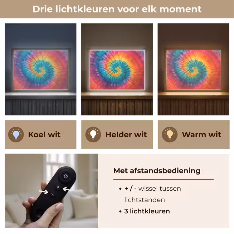 Regenboogkleuren - Tie dye - Light Box met batterij (Wandlamp kind) middel -USP_lichtkleurNL