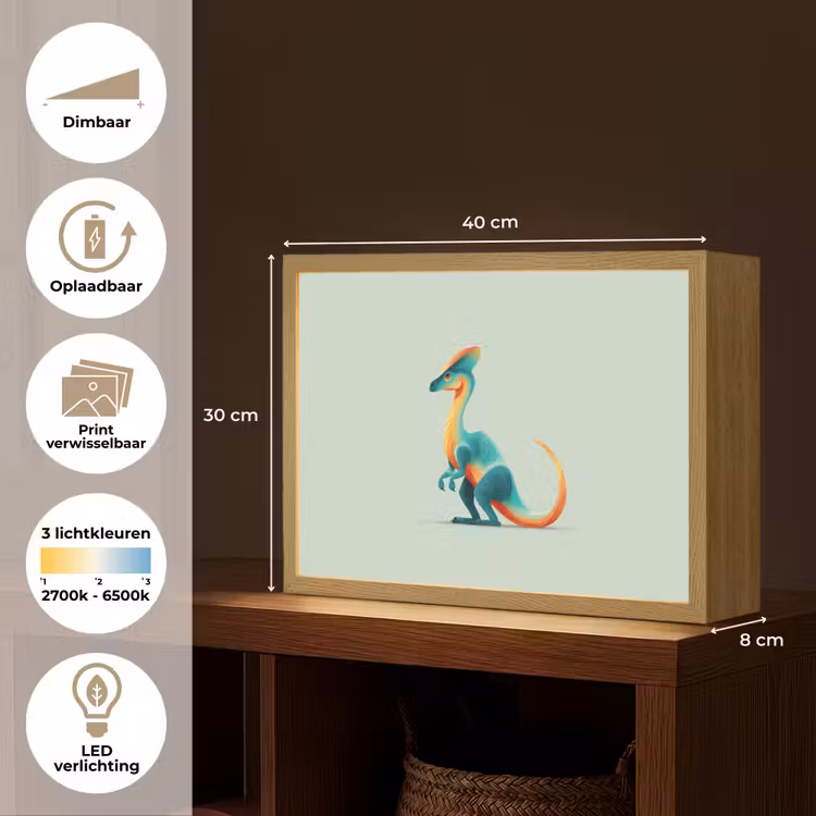 Staart - Dino - Minimalistisch - Blauw Light Box met batterij (Wandlamp kind) middel -USP_websiteoverzichtNL