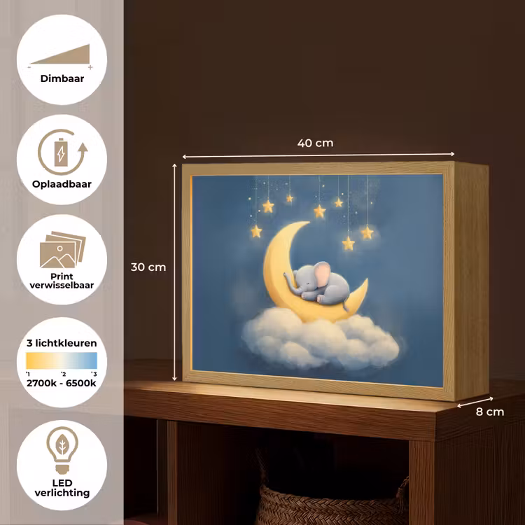 Sterren - Olifant - Maan - Wolken Light Box met batterij (Wandlamp kind) middel -USP_websiteoverzichtNL