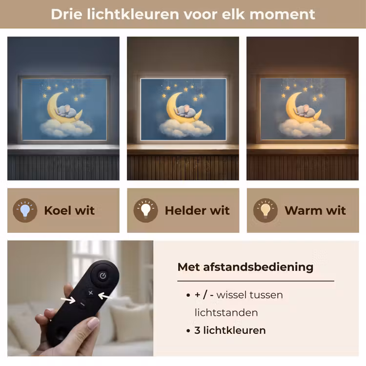 Sterren - Olifant - Maan - Wolken Light Box met batterij (Wandlamp kind) middel -USP_lichtkleurNL