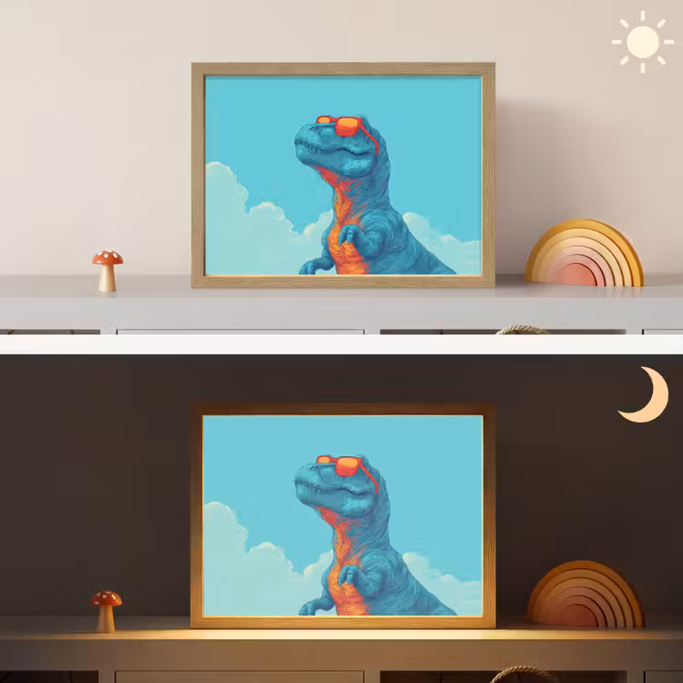T-Rex - Blauw - Wolken - Zonnebril Light Box met batterij (Wandlamp kind) middel -sfeer3_kind