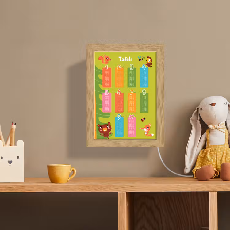 Tafels van vermenigvuldiging - Leren rekenen voor kinderen - Cijfers oefenen - Bosdieren - Groen Light Box met kabel (Wandlamp kind) klein -sfeer2_kind