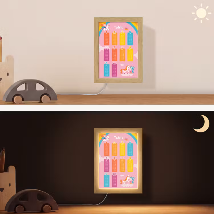 Tafels van vermenigvuldiging - Leren rekenen voor kinderen - Cijfers oefenen - Eenhoorn - Roze Light Box met kabel (Wandlamp kind) klein -sfeer3_kind