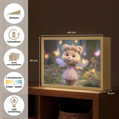Teddybeer - Bloemenkrans - Vlinders - Elfenvleugels Light Box met batterij (Wandlamp kind) middel -USP_websiteoverzichtNL