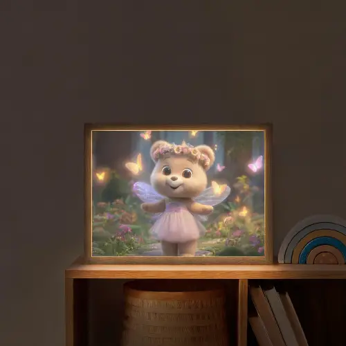 Teddybeer - Bloemenkrans - Vlinders - Elfenvleugels Light Box met batterij (Wandlamp kind) middel -sfeer1_kind