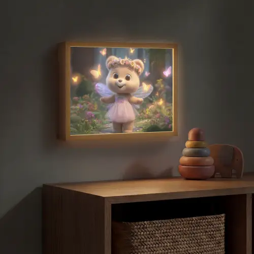 Teddybeer - Bloemenkrans - Vlinders - Elfenvleugels Light Box met batterij (Wandlamp kind) middel -sfeer5_kind