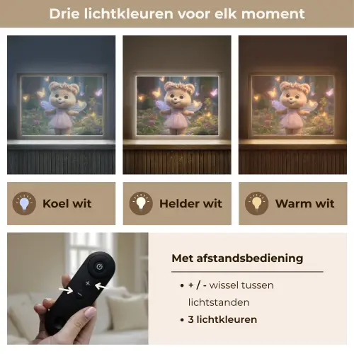 Teddybeer - Bloemenkrans - Vlinders - Elfenvleugels Light Box met batterij (Wandlamp kind) middel -USP_lichtkleurNL