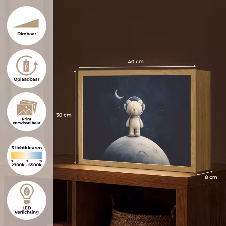 Teddybeer - Ruimtehelm - Maan - Sterren Light Box met batterij (Wandlamp kind) middel -USP_websiteoverzichtNL