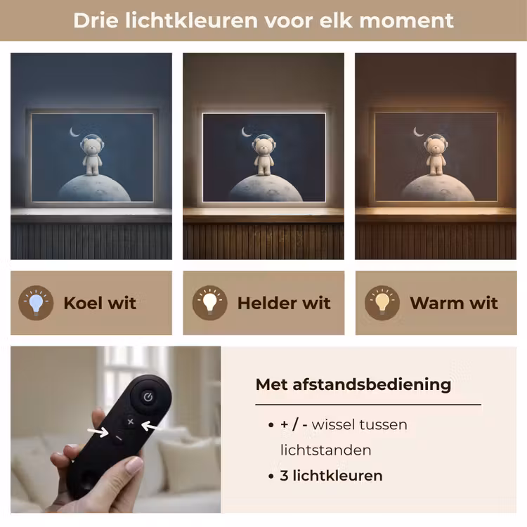 Teddybeer - Ruimtehelm - Maan - Sterren Light Box met batterij (Wandlamp kind) middel -USP_lichtkleurNL