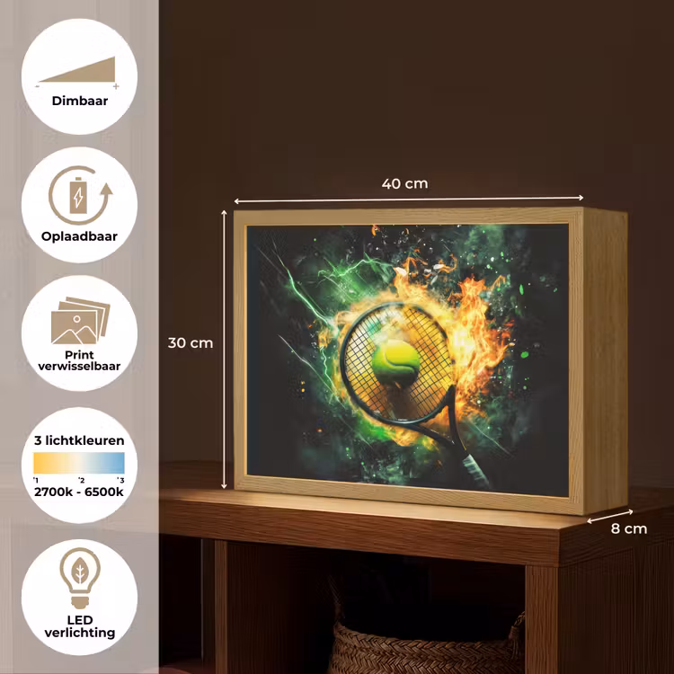 Tennis - Racket - Vuur - Groen Light Box met batterij (Wandlamp kind) middel -USP_websiteoverzichtNL
