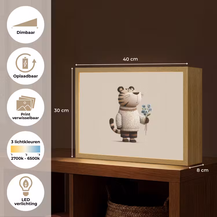 Tijger - Blauwe bloemen - Rustig Light Box met batterij (Wandlamp kind) middel -USP_websiteoverzichtNL