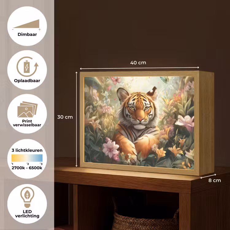 Tijger - Bloemen - Jungle - Dieren Light Box met batterij (Wandlamp kind) middel -USP_websiteoverzichtNL