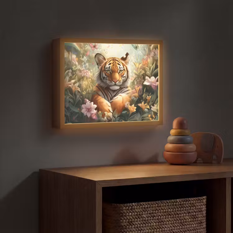 Tijger - Bloemen - Jungle - Dieren Light Box met batterij (Wandlamp kind) middel -sfeer5_kind