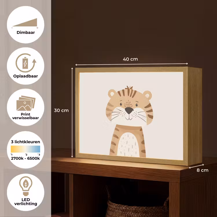 Tijger - Wilde dieren - Pastel Light Box met batterij (Wandlamp kind) middel -USP_websiteoverzichtNL