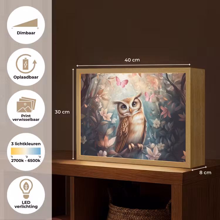Uil - Bos - Bloemen - Vlinders Light Box met batterij (Wandlamp kind) middel -USP_websiteoverzichtNL