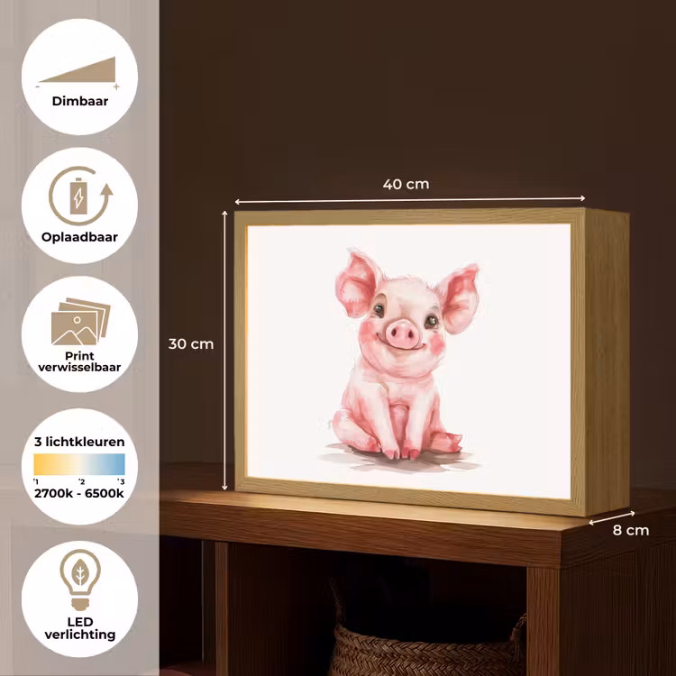 Varken - Roze - Baby dier - Boerderij dieren Light Box met batterij (Wandlamp kind) middel -USP_websiteoverzichtNL