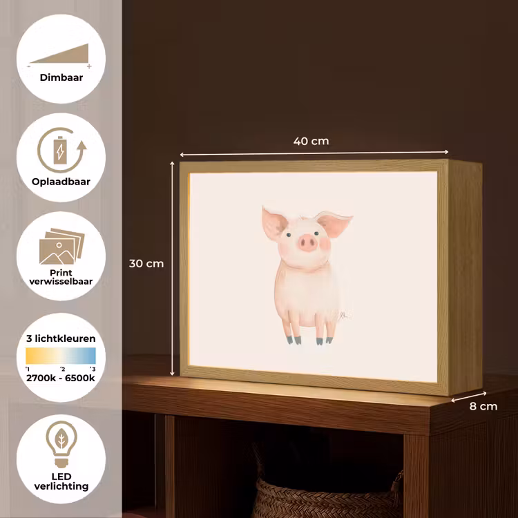 Varken - Roze - Dier - Pastel kleuren Light Box met batterij (Wandlamp kind) middel -USP_websiteoverzichtNL
