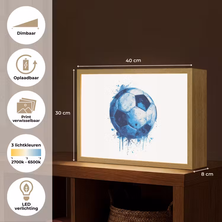 Voetbal - Blauw - Inkt - Spatten Light Box met batterij (Wandlamp kind) middel -USP_websiteoverzichtNL