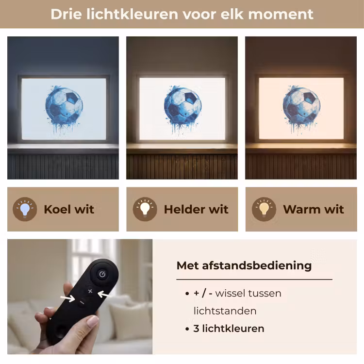 Voetbal - Blauw - Inkt - Spatten Light Box met batterij (Wandlamp kind) middel -USP_lichtkleurNL