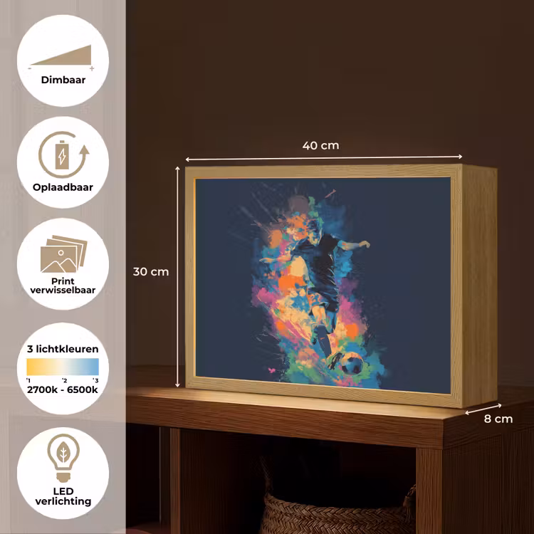 Voetballer - Bal - Kleurexplosie - Abstract Light Box met batterij (Wandlamp kind) middel -USP_websiteoverzichtNL