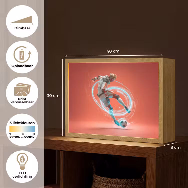 Voetballer - Bal - Lichtcirkel - Rood Light Box met batterij (Wandlamp kind) middel -USP_websiteoverzichtNL