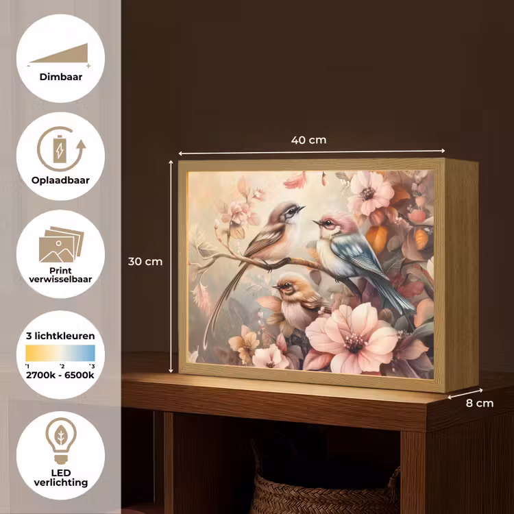 Vogels - Bloemen - Roze - Pastel Light Box met batterij (Wandlamp kind) middel -USP_websiteoverzichtNL